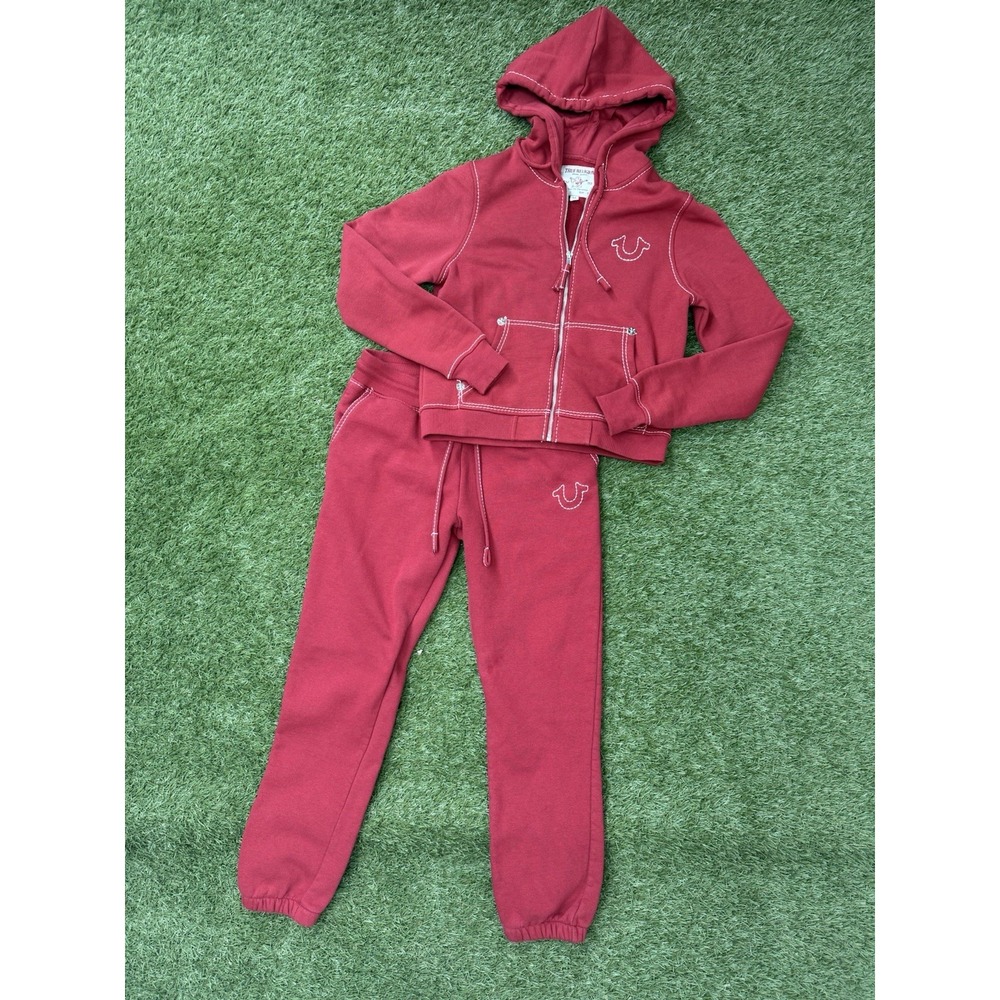 True Religion Womens Red Tracksuit Set Big T Stitch Zip Hoodie Joggers Medium M